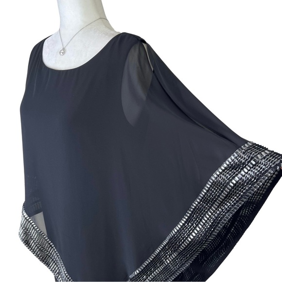 SLNY Dress Sheath Asymmetrical Metallic Trim Capelet Black Sliver 10 Medium M - Picture 8 of 16